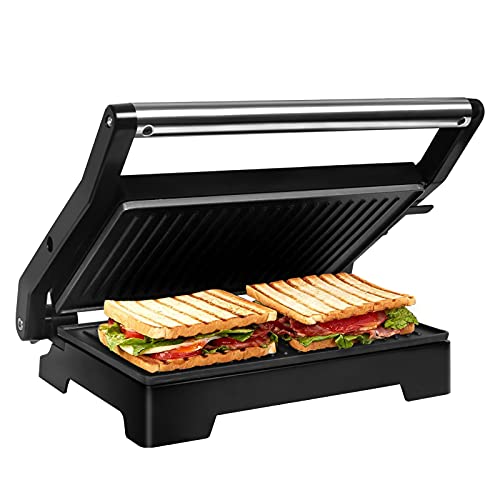 Gotoll Parrilla Eléctrica 1000W,Sandwichera,Máquina de Panini,Tostadora con Revestimiento Antiadherente,Placas de Grill,Asa de Toque Frío,Apertura 180º