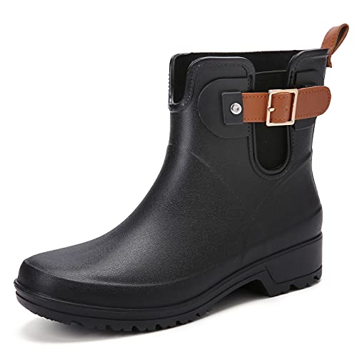 gracosy Botas de Agua para Mujer Zapatos de Lluvia Impermeable Chelsea Botas Otoño Invierno Goma Wellington Botas Antideslizante Corto Botas Negro 38