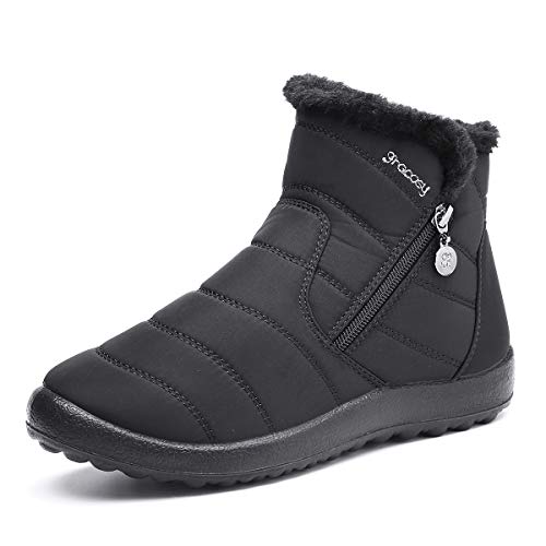 gracosy Botas de Mujer 2021 Otoño Invierno Goma Encaje Forro de Piel Punta Redonda Botas de Nieve Zapatos de Trabajo Formal Calzado Antideslizante Ligero Botines Que Caminan Negro 40