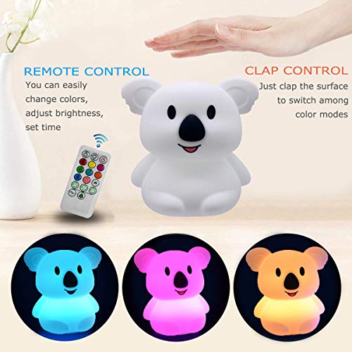 Grande Talla Koala luz nocturna infantil, luz quitamiedos, Lámpara de Noche lámpara de mesa para niños - lámpara infantil LED multicolor con mando, luz bebe Silicona suave y lavable - Grande Koala