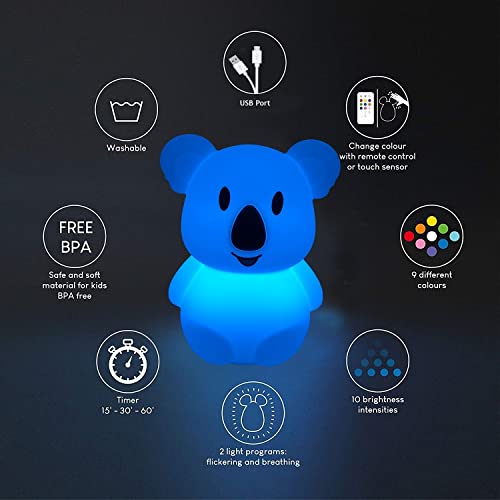 Grande Talla Koala luz nocturna infantil, luz quitamiedos, Lámpara de Noche lámpara de mesa para niños - lámpara infantil LED multicolor con mando, luz bebe Silicona suave y lavable - Grande Koala