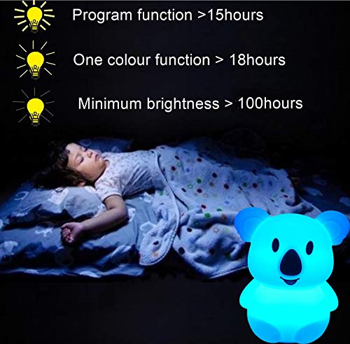 Grande Talla Koala luz nocturna infantil, luz quitamiedos, Lámpara de Noche lámpara de mesa para niños - lámpara infantil LED multicolor con mando, luz bebe Silicona suave y lavable - Grande Koala