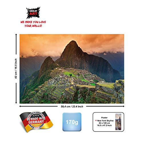 GREAT ART® Póster – Machu Picchu - Restos ciudad Inca Perú América del Sur Sitios turísticos Patrimonio de la humanidad UNESCO Paisaje cultural Din A2 (42 x 59,4 cm