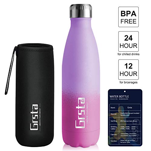 Grsta Botellas De Agua, Botella Agua Acero Inoxidable sin BPA 500ml/P?Pura Claro y Rosa roja Botellas de Frío/Caliente Termo para Niños/Adultos, Adecuada para Al Aire Libre Deportes Camping