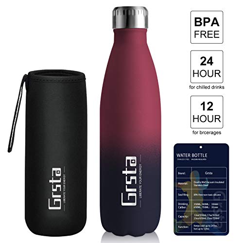 Grsta Botellas De Agua, Botella Agua Acero Inoxidable sin BPA 500ml/Vino Tinto y Negro Botellas de Frío/Caliente Termo para Niños/Adultos, Adecuada para Al Aire Libre Deportes Camping Y Ciclismo