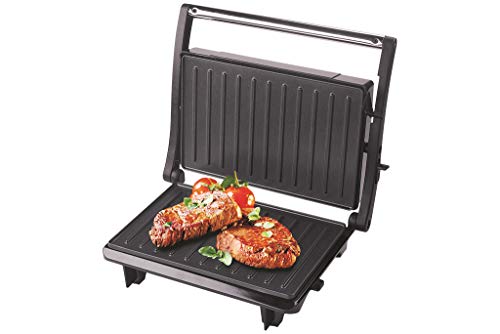 Grunkel - GRL-12 MINI - Parrilla Grill eléctrica. Usos para grill, plancha o tostador pequeño. Con placas antiadherentes. Sistema abatible. Válida como Sandwichera e ideal para paninis - 800W – Negro