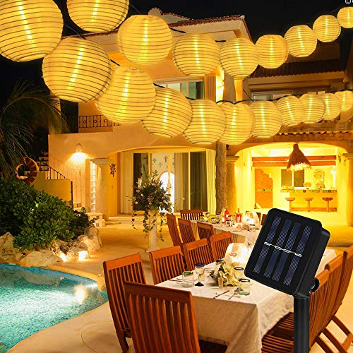 Guirnaldas de Luces Solar Farolillos 6.5 Metros 30 LED Guirnaldas de Luces Farolillos Solares Exterior Impermeable IP65 Para Decoración Jardines Casas Bodas Decoracion Fiesta Blanco Cálido