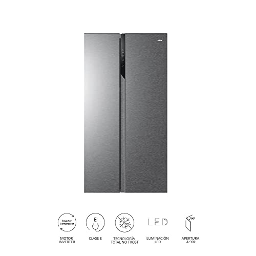 Haier SBS 90 Series 3 HSR3918ENPG - Frigorífico Side by Side, Americano, Apertura 90 grados, Tecnología Antibacterias, Motor Inverter, Ancho 90cm, Capacidad XXL 528L, Total No Frost, Clase E, Inox