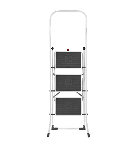 Hailo 4313-001 Taburete de acero con 3 peldaños y estribo de seguridad extra alto de 50 cm, Blanco, un tamaño