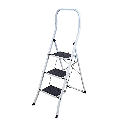 Hailo 4313-001 Taburete de acero con 3 peldaños y estribo de seguridad extra alto de 50 cm, Blanco, un tamaño