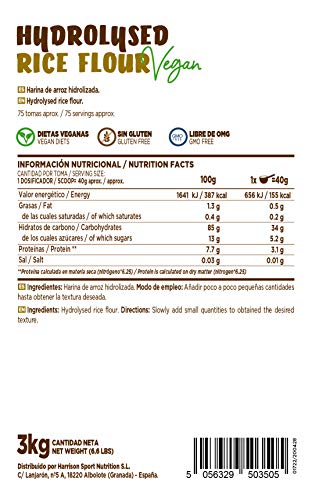 Harina de Arroz Hidrolizada de HSN | Hydrolysed Rice Flour | Carbohidratos 100% Natural | Excelente Digestión + Textura Extra-Suave | Vegana, Sin Gluten, Sin Lactosa, Sin Soja, Sin Sabor, 3Kg