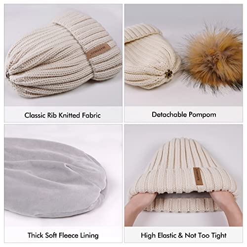 HATOOZE Sombrero de Invierno de Punto para Mujeres - Sombrero de Bola con Forro Polar de Doble Capas con Pom de Piel Sintética Desmontable [Beige - Talla única]