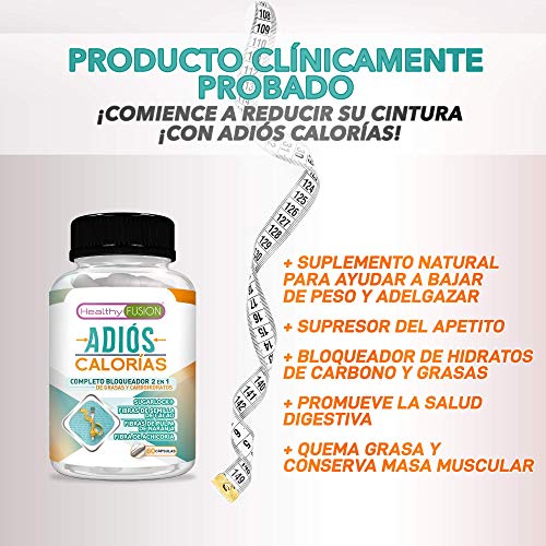 Healthy Fusion ADIÓS CALORÍAS Carb & Fat Blocker, Potente Bloqueador 2 en 1 de Carbohidratos y Grasas, 60 Cápsulas 85 g