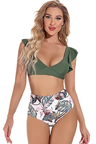 heekpek Bikinis Mujer Sexy Bikini Cintura Alta V Cuello Volantes Floral Estampado Conjunto de Bikini Dos Piezas para Vacaciones