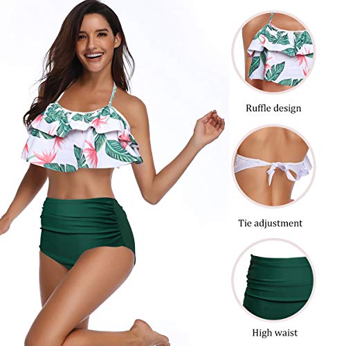 heekpek Conjunto de Bikini Mujer de Cintura Alta Traje de Baño de Dos Piezas Volantes Correas de Espagueti Bañador Plisado Estampado Rayas Ropa de Playa Tallas Grandes, Verde, XL