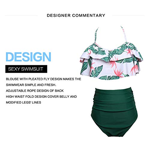 heekpek Conjunto de Bikini Mujer de Cintura Alta Traje de Baño de Dos Piezas Volantes Correas de Espagueti Bañador Plisado Estampado Rayas Ropa de Playa Tallas Grandes, Verde, XL