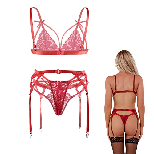 heekpek Mujer 4 Piezas Conjunto Lencería con Ligueros Ropa Interior Lingerie Bordado Babydoll Encaje Transparente Sujetador y Panty Liga Ropa de Dormir con Calcetines Altas