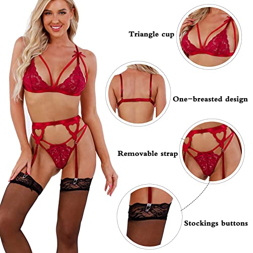 heekpek Mujer 4 Piezas Conjunto Lencería con Ligueros Ropa Interior Lingerie Bordado Babydoll Encaje Transparente Sujetador y Panty Liga Ropa de Dormir con Calcetines Altas