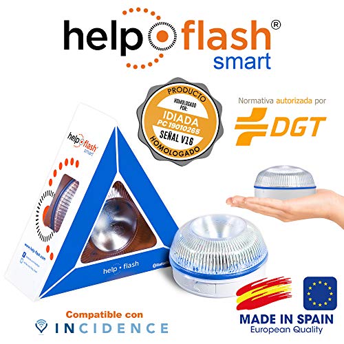 HELP FLASH SMART - luz emergencia AUTÓNOMA, señal v16 preseñalización peligro+linterna, homologada, DGT, base imantada, activación AUTOMÁTICA y REGALO LLAVERO 16 elementos 1ºs auxilios