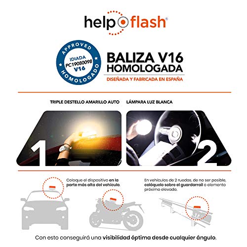 HELP FLASH V.2 2021 - Luz de Emergencia Autónoma V16 personalización de Peligro y Linterna, normativa DGT, Base imantada, activación automática, Hecho en España y Chaleco Reflectante Homologado