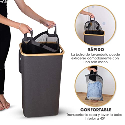 HENNEZ Cesta de ropa sucia con tapa plegable con bolsas ropa extraíble 100 l gris - Cesto Colada ropa sucia estrecho grande bambu - Canasto Cestos para la ropa sucia - Cesta para la colada