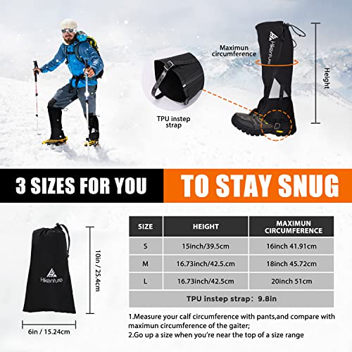 HIKENTURE Polainas para Senderismo, Caza, Ciclismo, Polainas para Hombre y Mujer, Impermeables, para Proteger Pantalones y Zapatos de la Nieve o la Lluvia, Gaiters para Senderismo en la Nieve A2