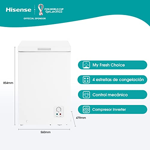 Hisense FT125D4AWF - Arcón Congelador Horizontal, Cesta con Asa, Función Dual convertible en Modo Frigorífico, con 95 L de Capacidad Neta, Silencioso 40 dBA, Color Blanco