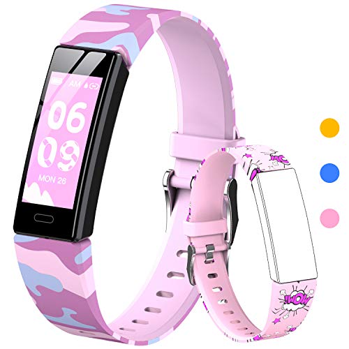 HOFIT Pulsera Actividad para Niños, Reloj Inteligente con Podómetros, Monitor de Frecuencia Cardíaca y Sueño, Cronómetro, Ip68 Resistente Pulsera Deportiva, Smartwatch con 2 Pulseras (Rosado-A)