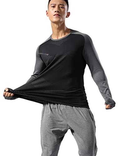 Hombres Camisas para Correr Deportes Manga Larga Aptitud física Culturismo T-Shirts Ajuste seco Cima Sudaderas Negro L