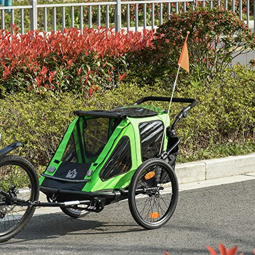 HOMCOM 2 en 1 Remolque de Bicicleta para Niños +18 Meses Plegable Cochecito de Paseo de 2 Plazas con Manillar Ajustable en Altura Bandera y Reflectores 160x83x96 cm Verde