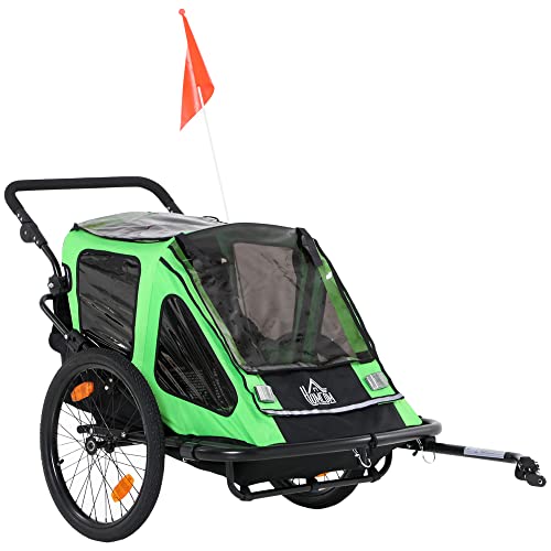 HOMCOM 2 en 1 Remolque de Bicicleta para Niños +18 Meses Plegable Cochecito de Paseo de 2 Plazas con Manillar Ajustable en Altura Bandera y Reflectores 160x83x96 cm Verde