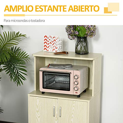 HOMCOM Aparador Auxiliar para Microondas Armario Bajo de Cocina con Armario de 2 Puertas y Estante Ajustable con Ruedas Carga 70 kg 60,4x40,3x97 cm Roble