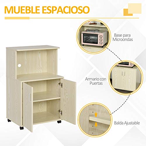 HOMCOM Aparador Auxiliar para Microondas Armario Bajo de Cocina con Armario de 2 Puertas y Estante Ajustable con Ruedas Carga 70 kg 60,4x40,3x97 cm Roble