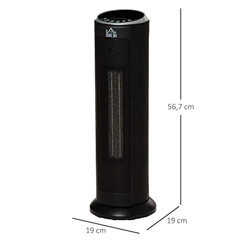 HOMCOM Calefactor Cerámico de Torre 1000/2000W con Mando a Distancia Pantalla LED Temporizador de 12H Termostato 3 Modos y Oscilación para 25 m² Ø19x56,7 cm Negro