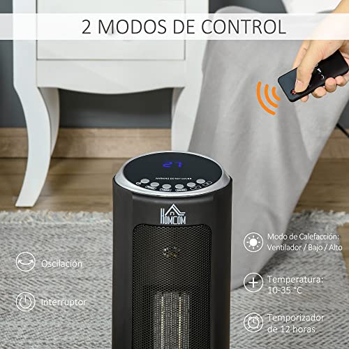 HOMCOM Calefactor Cerámico de Torre 1000/2000W con Mando a Distancia Pantalla LED Temporizador de 12H Termostato 3 Modos y Oscilación para 25 m² Ø19x56,7 cm Negro