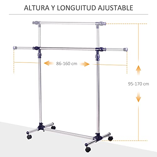 HOMCOM Perchero Acero INOX Colgador Ropa 4 Ruedas Alto y Largo Regulables 86-160 x 45 x 95-170cm