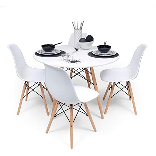Home Heavenly® - Conjunto de Mesa + 4 sillas Comedor y Cocina. Pack de Mesa Blanca y 4 sillas Comedor NÓRDICA (Mesa Redonda + 4 sillas)