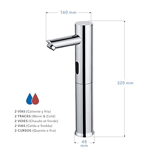 Homssy - Grifo electrónico de lavabo (Alto) L2, grifo con sensor automático mezclador 2 aguas (Caliente y fría), Cromo