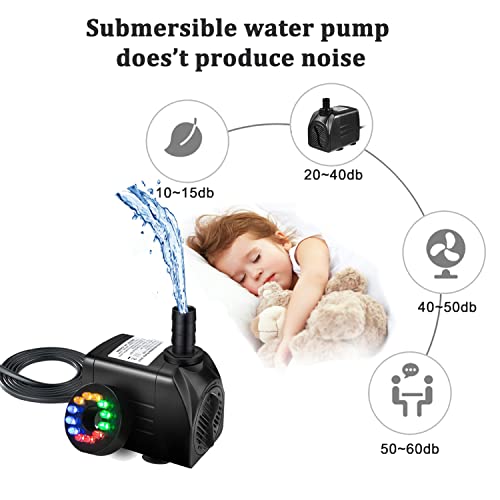 Homvik Bomba de Agua Sumergible con LED Luces 1000L/H 15W para Acuario Estanque Pecera Fuente Circulación de Agua Dulce y Marino con Boquilla 1.5m de Altura