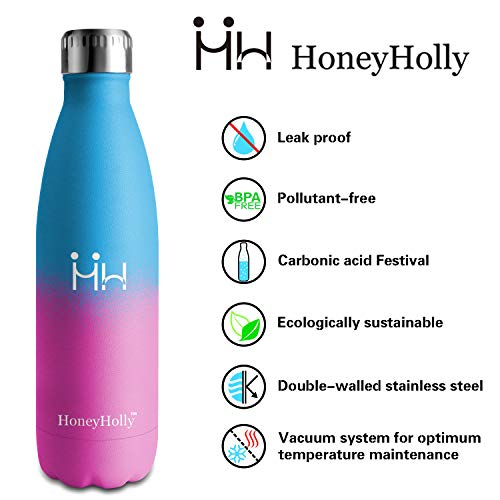 HoneyHolly Botella Acero Inoxidable, 500ml Aislamiento de Vacío de Doble Pared, Botellas de Frío/Caliente sin bpa, Botella Reutilizable para Gimnasio, Camping, Bicicleta | Botella Agua Deporte