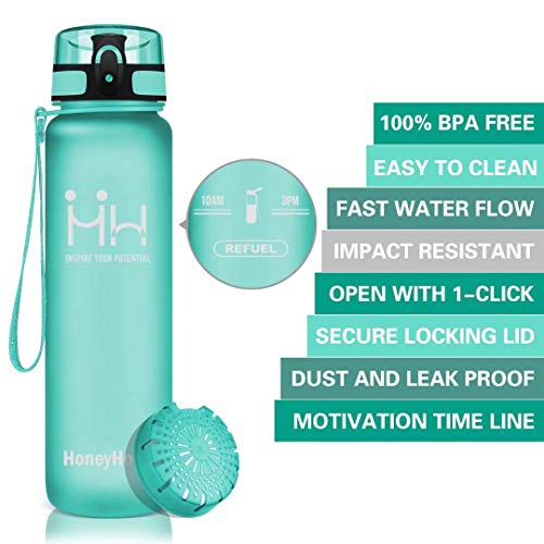 HoneyHolly Botella de Agua, 500ml con Filtro y Marcador de Tiempo, Botella Agua Deporte, sin BPA a Prueba Fugas, Botella de Agua para Bicicleta, Camping, Trekking | Botella Gimnasio, con Filtro