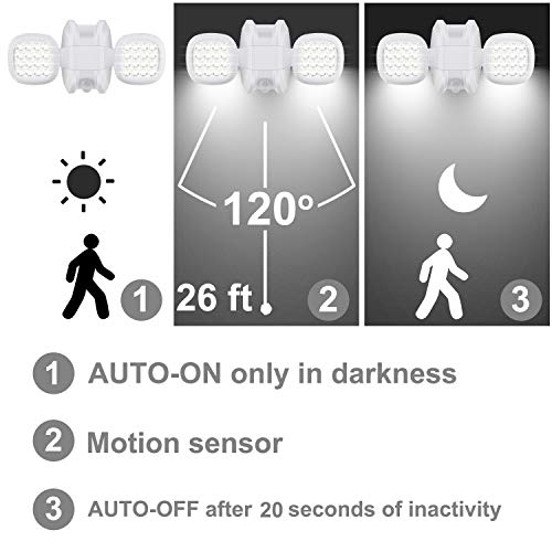 HONWELL Luz Foco Exterior Sensor de Movimiento Luz de Seguridad a Pilas con Cabezales Dobles,6000K Blanco,IP65 Lámpara de Impermeable Ajustable Iluminación para Escaleras, Entrada, Jardín-Blanco