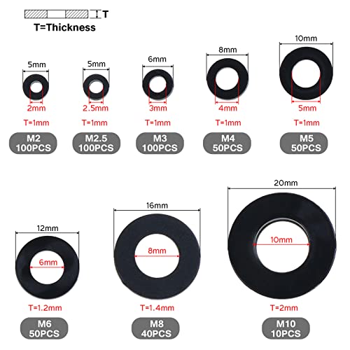 HSeaMall 500 UNIDS Nylon Negro Arandela Plana Aislante Redondo Separador Arandela Surtido Kit para M2 M2.5 M3 M4 M5 M6 M8 M10 Tornillo