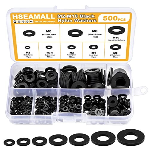 HSeaMall 500 UNIDS Nylon Negro Arandela Plana Aislante Redondo Separador Arandela Surtido Kit para M2 M2.5 M3 M4 M5 M6 M8 M10 Tornillo