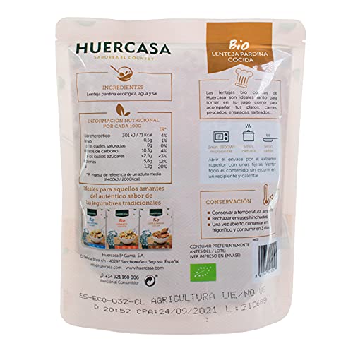 HUERCASA - Lentejas Orgánicas Cocidas al Natural. Pack de 6 Envases. Sin Gluten, Vegano. Envasado al Vacío. Listo para Comer