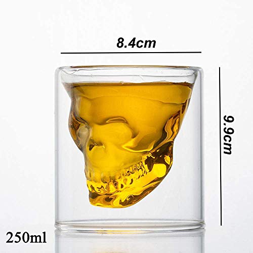 HwaGui Calavera Doble Cristal Vaso Tazas para Fiesta Bar Casa, Copas de Cerveza Doble Pared Whisky Vino Agua 250ml / 8.8oz