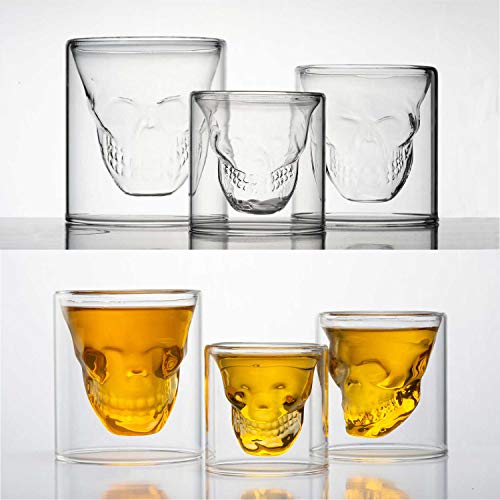 HwaGui Calavera Doble Cristal Vaso Tazas para Fiesta Bar Casa, Copas de Cerveza Doble Pared Whisky Vino Agua 250ml / 8.8oz