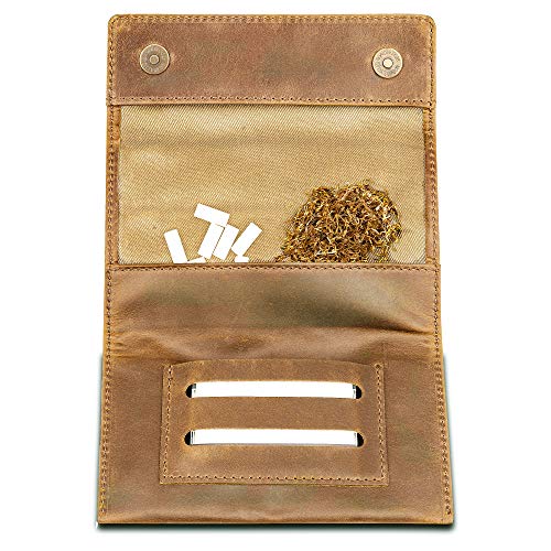 Indian Pearl Bolsa de Tabaco con la Caja de Regalo, Hojas Dobles de Cuero Genuino Bolsillo Extra con Cremallera de Metal Compartimento Cerradura magnética para Gasa de luz del Filtro de Color marrón