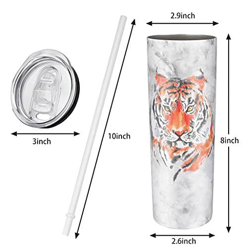 Ink Tiger - Vaso de doble pared con tapa y pajita de acero inoxidable flaco para té, sencillez, apto para portavasos de coche, color blanco 600 ml (20 oz)