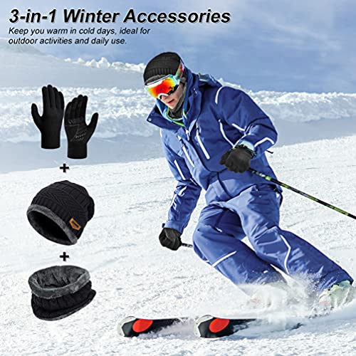 Invierno Gorra Bufanda Guantes Set - Tejer Lana Polar Cuello Cálidos Beanie Capa Gorros Pantalla Táctil Mitones para Hombre Mujer Disfraz Moto Ciclismo Bici Deportes Frio Esqui Nieve Snowboard Navidad